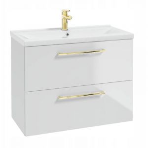 Meuble de Salle de Bain avec Lavabo - 80x40 cm - Blanc Brillant - 2 Tiroirs - Poign&eacute;es Dor&eacute;es