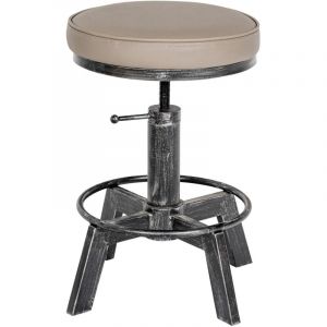 Tabouret industriel r&eacute;glable en hauteur &ndash; assise ronde rembourr&eacute;e et pi&egrave;tement m&eacute;tal argent&eacute; 100008564