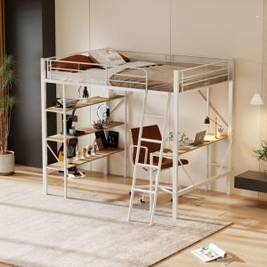 Lit mezzanine 90x200cm, métal + mdf, sans matelas, lit enfant avec bureau et étagère, lit simple, blanc