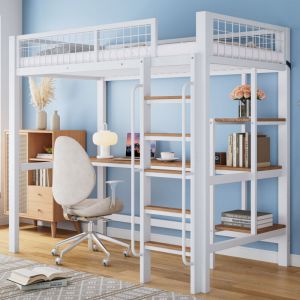 Okwish - Lit mezzanine 90x200 cm lit enfant en fer avec table, &eacute;tag&egrave;res et &eacute;chelle &agrave; 4 marches, pour enfants et ados, fer+MDF, blanc, sans matelas