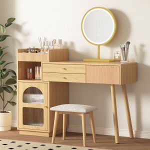 Coiffeuse naturelle avec miroir led, 3 tiroirs et armoire latérale, 120x90x40 cm(sans tabouret)