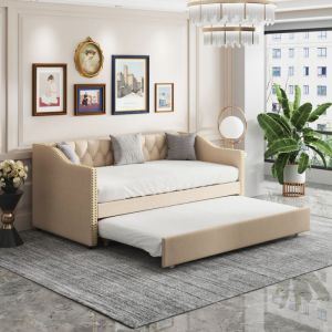 FOERPL-Lit Rembourr&eacute; Canap&eacute; 90 x 200cm, Lit Multifonctionnel 2 en 1 avec Lit Gigogne, Lit 90 x 200 avec Sommier &agrave; Lattes Lit Capitonn&eacute; Escamotable,