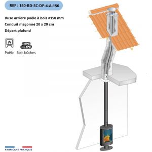 Kit tubage et raccordement poele a bois, buse diam. 150mm sortie dessus-Flexible l. 4m pour boisseau carre, depart plafond-Raccordement droit, l. max