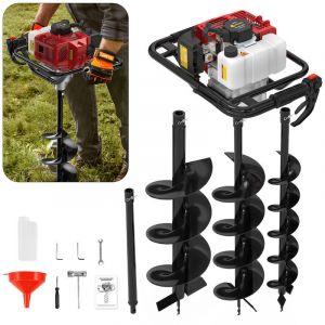 Tari&egrave;re Thermique Foreuse de Terre Tari&egrave;re &agrave; Essence 3CV, 52cc, avec 3 forets en acier 100/150/200mm Foreuse en spirale terrestre, Grande Poign&eacute;e