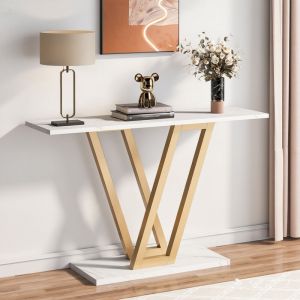 Console Meuble, Console d&rsquo;entr&eacute;e de Couloir, Tables d'entr&eacute;e de 110&times;30&times;80 cm Table de canap&eacute; &eacute;troite pour Salon, Blanc + Or