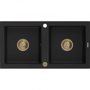 Mexen - Mario évier en granit à 2 cuves 820 x 436 mm, Noir, siphon Or - 6504822000-77-G