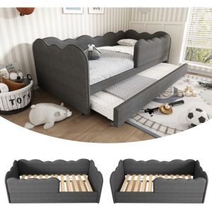 Canap&eacute;-lit enfant capitonn&eacute; 90x190cm avec lit gigogne. Tissu lin gris, lit simple, sommier &agrave; lattes inclus (sans matelas)