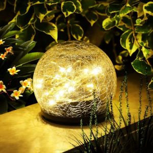 Lampe solaire pour jardin extérieur, lampadaire solaire, décoration extérieure, globe en verre craquelé, étanche, contrôle intelligent de la lumière