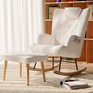Fauteuil &agrave; Bascule d'allaitement Scandinave, Fauteuil &agrave; Bascule &agrave; Dossier Haut et accoudoirs, avec Appui-t&ecirc;te et Repose-Pieds, Fauteuil Confortable