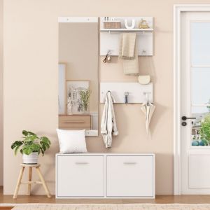 Vestiaire d'entrée 4 pièces avec miroir, 2 patères, rangement à chaussures et 6 patères, ensemble de penderie d'entrée, 90x30x41,5 cm, Blanc