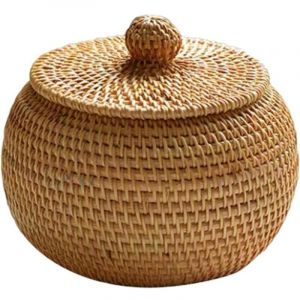 Panier de rangement en osier avec couvercle &ndash; Panier en rotin &ndash; Petite bo&icirc;te en osier &ndash; Rotin naturel tress&eacute; pour chambre, salon, bureau, 15 x 12 cm