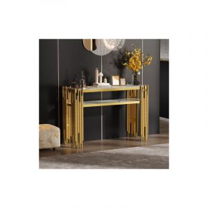 Table d'appoint de salon, console blanc avec pieds dorés, 128x44x80 cm