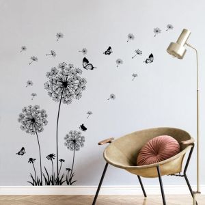 Stickers muraux pissenlit fleurs noires papillons, amovibles pour salons chambres bureaux canap&eacute;