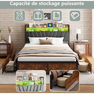 Lit métal 160 x 200 cm, lit double, avec led, 4 tiroirs, avec sommier à lattes métal et tête de lit rangement, lit d'appoint, adulte, lit acier, bois