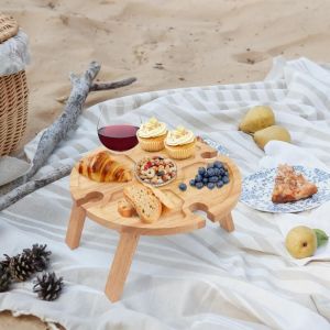 Table de pique-nique pliante en bois avec porte-verre à vin – Table de pique-nique pliable – Petite table de plage pour jardin, voyage, camping,