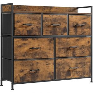 Songmics - Commode avec 7 Tiroirs en Tissu, Meuble de Rangement &agrave; 3 Niveaux, avec Poign&eacute;es en M&eacute;tal, Style Industriel, Marron Rustique et Noir
