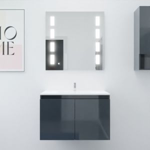 Cuisibane - Meuble proline 80 cm avec plan vasque et miroir Prestige- Gris- Plan vasque en Céramique