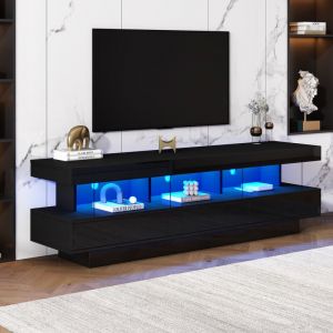 Neche - Meuble tv Noir Brillant 160L x 38l x 50,5H cm avec &eacute;clairage LED,3 &eacute;tag&egrave;res en verre,Connectivit&eacute; Bluetooth,Support tv pour t&eacute;l&eacute; 70'