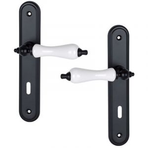 Ouvre&D&eacute;co - 2 poign&eacute;es de porte BELLEVILLE entr&eacute;e de cl&eacute;, b&eacute;quille Porcelaine blanc entraxe 195 mm