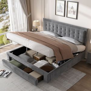 Lit coffre 180x200 cm, lit double rembourré, lit adulte avec tiroir, sommierà lattes et fonction de rangement, tissu en velours, gris, sans matelas