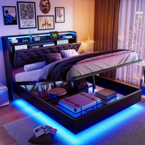 JOOKGBD-Lit Coffre 160x200cm,Lit 160x200cm,Lit Double Rembourr&eacute; avec &Eacute;clairage LED et USB,Lit Adultes avec T&ecirc;te de lit Rangement,Lit adolescent,Lit