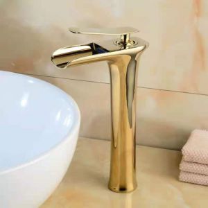 Tonchean - Robinet mitigeur de lavabo cascade doré, cuivre, robinet d'évier chaud et froid, bec cascade, poignée unique, robinet de lavabo de salle