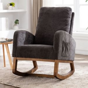 Eifson - Fauteuil à bascule, avec poches, coussins, accoudoirs, structure en bois, style scandinave, chaise à bascule rembourrée Sherpa, 100x68x93 cm