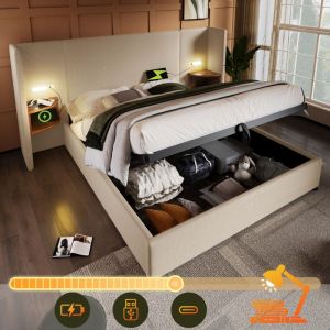 Lit coffre 180x200 cm, lit double capitonné avec table de chevet, lampe de lecture et fonction de charge usb Type-C, beige, lin, sans matelas