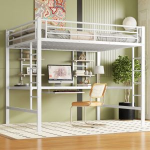 REDOM Lit mezzanine 140x200 cm cadre en m&eacute;tal structure de lit en fer forg&eacute; avec bureau et deux &eacute;tag&egrave;res, blanc (Sans matelas)