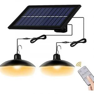 Lampe suspendue solaire int&eacute;rieure/ext&eacute;rieure IP65 avec c&acirc;ble 3m et t&eacute;l&eacute;commande, pour poulailler, patio, hangar ou tonnelle (double t&ecirc;te, blanc