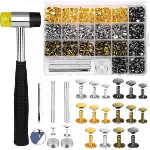 240 ensembles de rivets pour cuir, 3 tailles, rivets tubulaires &agrave; double calotte, 4 couleurs, avec marteau en caoutchouc et kit d'outils de fixation