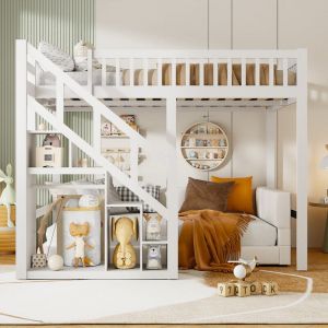 Lit superposé 140x200cm, lit Mezzanine 140x200cm, lit superposé pour Enfant avec rangements, escalier, barrières de lit antichute, Bois Massif, sans