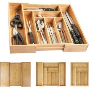 Plateau de vaisselle, organisateur de tiroir de vaisselle en bambou 32-52 x 43 x 5 cm, diviseur de vaisselle 6-8 grilles, support de plateau