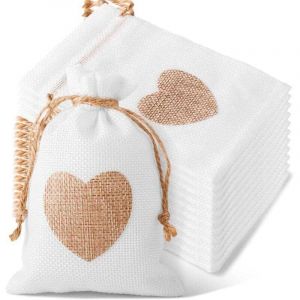 20 Sac Toile de Jute Cadeaux Sachets Lavande Drag&eacute;es Friandises Mariage 10x15cm (blanc+coeur)