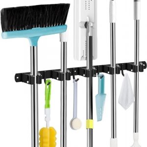 Accroche Balai Mural, 5 Supports + 4 Crochets Noir Porte Balais Mural, Support Balais Mural, Porte Balais Mural Sans Percage, Rangement Balai,