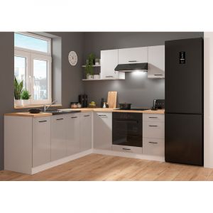 Cuisine d'angle compl&egrave;te 200x220 cm, Meubles de cuisine modulables coloris Gris clair brillant/Blanc, plan de travail Non inclus
