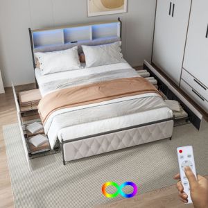 Lit adulte 160x200 avec tiroir,lit 160x200,lit double,lit rembourré avec 2 prises usb réglette lumineuse et quatretiroirs,tissu en velours,Beige