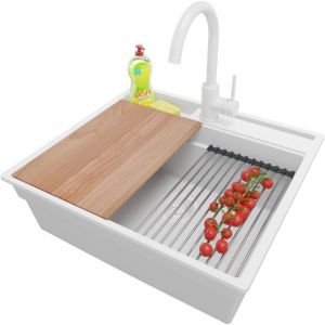 Primagran - Evier Cuisine en Granit 58x53cm, Lavabo 1 bac + Kit de Vidage + Accessoire, Évier à Encastrer au meuble 60cm - Oslo Pocket, Tout Blanc