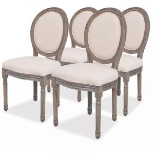 Chaise m&eacute;daillon lin beige et pieds bois massif clair Makin - Lot de 4