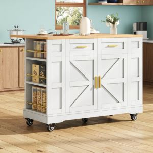 Desserte de cuisine multifonction blanche avec îlot, rangement extensible, chariot mobile à grain de bois, table et buffet intégrés, design moderne