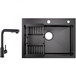 Cecipa - vier 1 Bac Inox avec Panier de Drainage - Évier de Cuisine Noir 60×45×18 cm + Mitigeur de Cuisine avec Douchette Extractible 2 Modes de