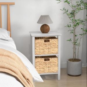 Goplus - Lot de 2 Commode avec 2 Tiroirs 36x30x57CM-Paniers en Jonc de Mer Amovible-Cadre en Bois d'Hévéa Blanc