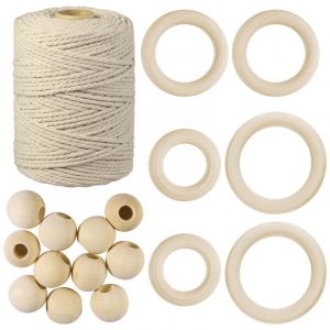 Feiyue - Corde en coton 3 mm 100 mètres Cordon en macramé naturel Fil de coton avec 12 perles en bois 6 anneaux en bois pour l'artisanat diy