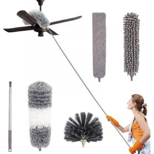 5 en 1 Plumeau Poussi&egrave;re Plumeau Telescopique Tete de Loup Telescopique, Lavable/Pliable Plumeau Microfibre avec Poign&eacute;e en Acier Inoxydable pour