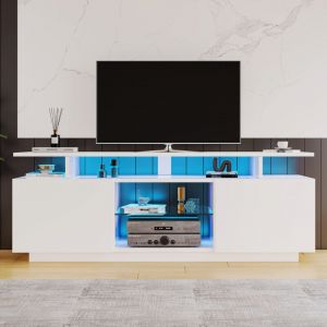 Modfu - Meuble tv led blanc 140 x 35 x 61 cm, avec 2 portes, pour téléviseur 60 pouces, capacité de charge 25 kg, idéal pour le salon ou la chambre
