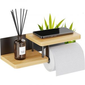 Support Papier Toilette Mural - avec ou sans Per&ccedil;age - Porte-Papier Toilette en Bois & M&eacute;tal - Distributeur Rouleau Papier WC PQ - Noir & Bambou
