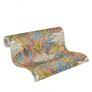 As Creation - Papier peint nature fond orange Tapisserie florale colorée bleu, rouge, jaune, blanc Papier peint style tropical idéal chambre