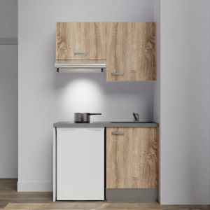 Cuisibane - Kitchenette K01L-PT - 120 cm avec plan de travail et évier, emplacements frigo et hotte Façade Bois - Plan Gris - Evier Noir
