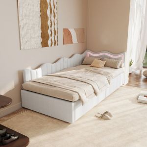 Lit 90x200 cm avec rangements, Canap&eacute;-lit hydraulique LED ,T&ecirc;te de lit en velours teddy blanc ,Lit simple avec Sommier &agrave; lattes ,Id&eacute;al ado et chambre