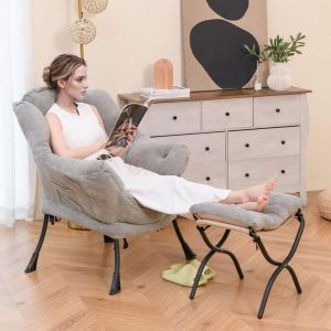 Fauteuil Salon Scandinave, avec Repose-Pieds Pliable, Canapé Relax Confortable en Sherpa avec Oreiller et Poche Latérale, Fauteuil Chambre pour